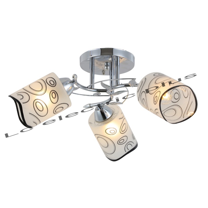 Хромиран метален полилей на точки, абажур от бяло стъкло с черна шарка, 3X60W, фасунга E27