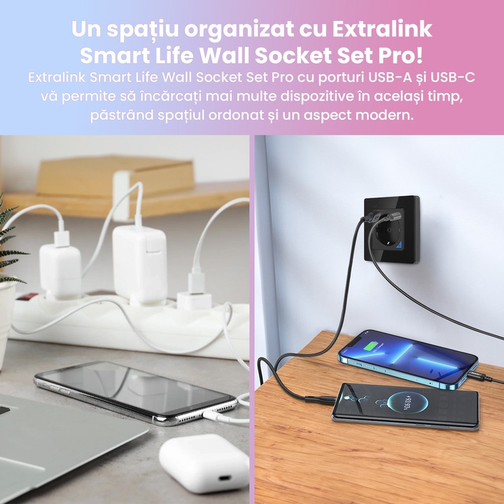 Priza inteligenta Extralink Smart Life Wall Socket Set Pro, negru, 230V, 1x USB-A, 1x USB-C, Wi-Fi, include rama, control smart prin aplicatie, monitorizare consum energie, instalare usoara, compatibila cu sisteme smart home