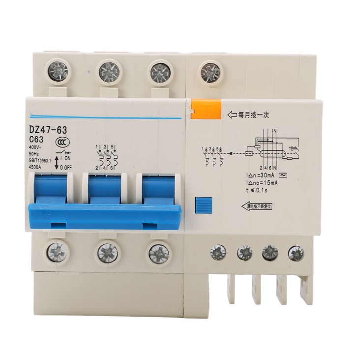 Siguranta electrica Enforose DZ47LE-63, 63A, 4500A capacitate de rupere, montare pe sina DIN, 400V