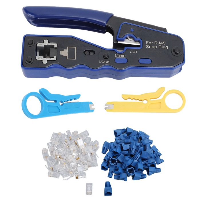 Enforose szerszámkészlet, RJ45 CAT6 Ethernet krimpelő, vágó, 8P8C, mini, 50 kristályfej
