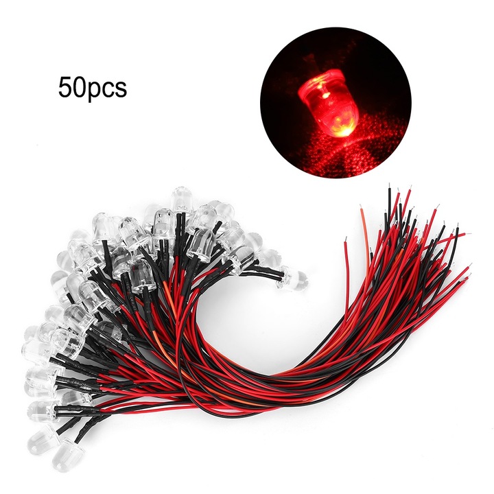 LED диод 10mm, Cozevdnt, червен, 20mA, 5-12V, 20cm, 50 бр.