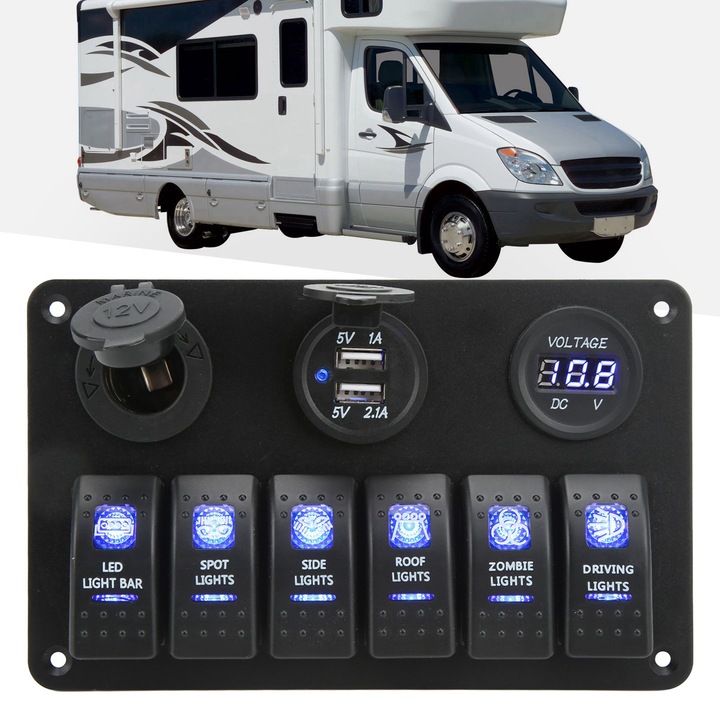 Jormftte 6-os billenőkapcsoló panel, 12V/24V, 2 USB port, kék világítás, járművekhez
