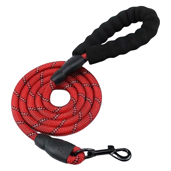 Lesa pentru caini BGHYHYHI, 150x1.2cm, neagra, rosie, cu manere captusite si fire reflectorizante