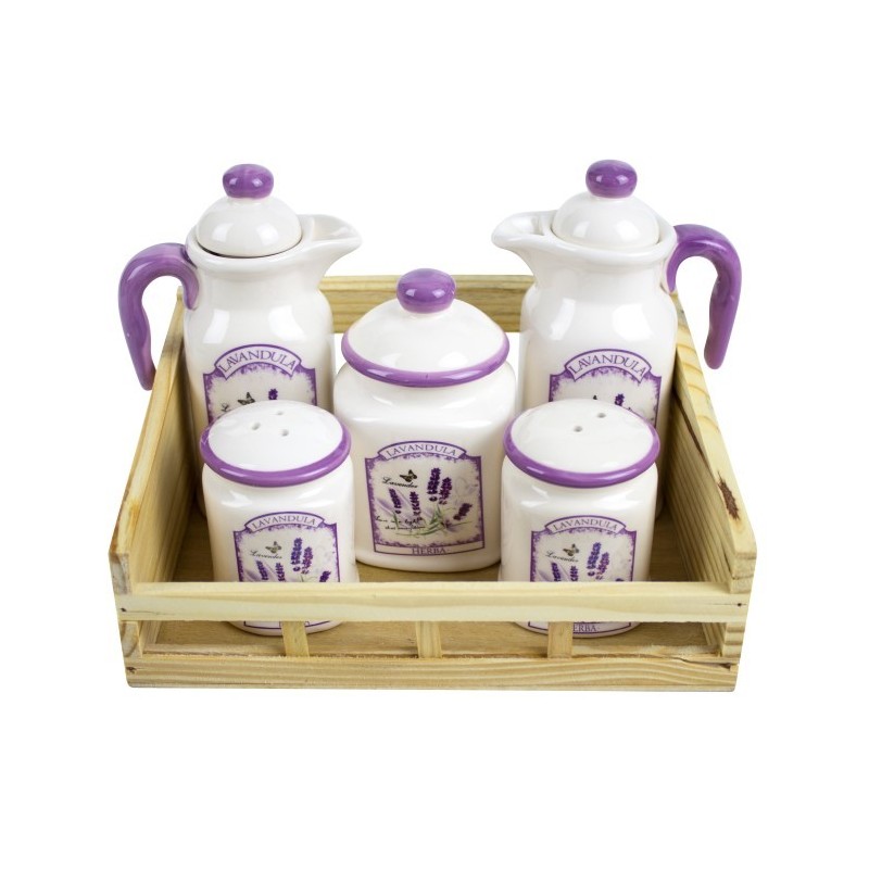 Set condimente 5 piese pe suport de lemn lavanda