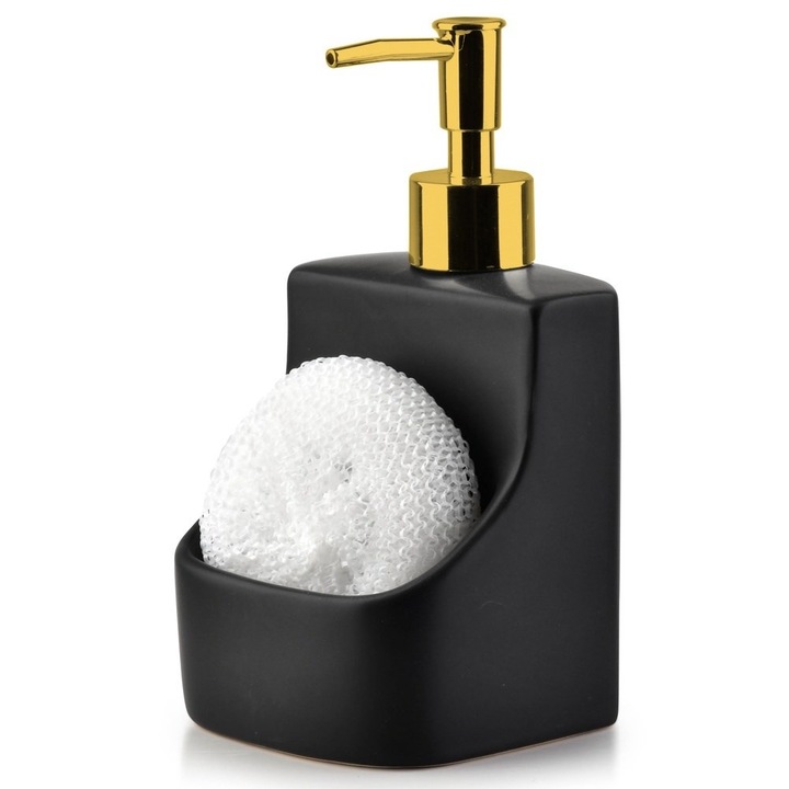 Dozator de lichid pentru vase Vilde, ceramica, 400 ml, suport pentru burete, negru/auriu,9,5x9,5x19 cm
