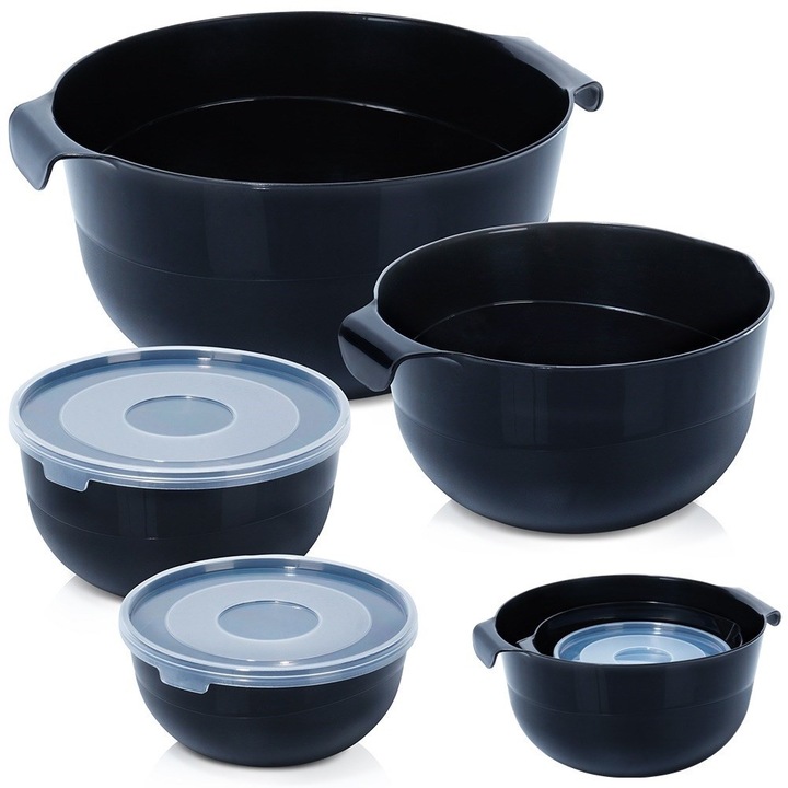 Set De Boluri De Bucatarie, Vilde, 14.5x7x16.5x9x21.5x19.5x11x28x24.5x13.5 cm, Fabricate Din Plastic, Rezistente La Temperaturi Scazute Si Ridicate, Pot Fi Spalate In Masina De Spalat Vase Si Utilizate In Congelator, Boluri Mai Mici Cu Capace, Negre