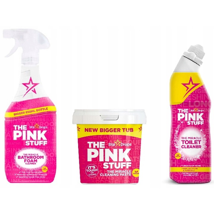 Set produse de curatare The Pink Stuff: Pasta 850g, Spuma pentru baie 850ml, Gel pentru WC 750ml