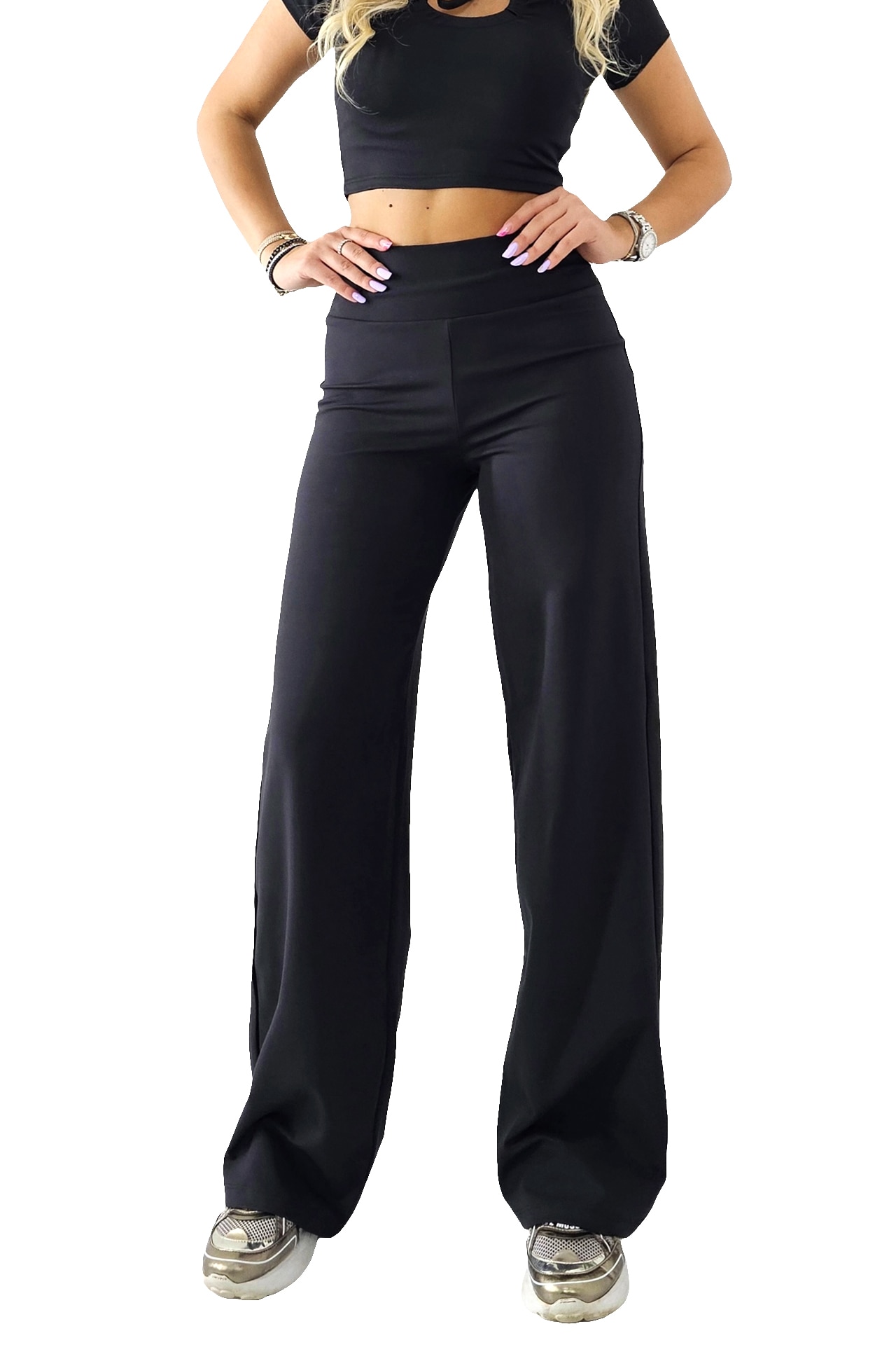 Pantaloni grosi de dama Oysho croiala casual evazata, Negru