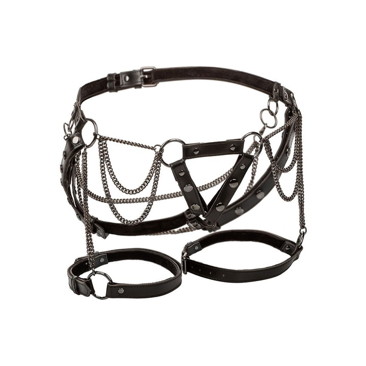 Колан за бедра за BDSM CalExotics, Euphoria, Множество метални верижки, Кадифен отвътре, Еко кожа, Черен