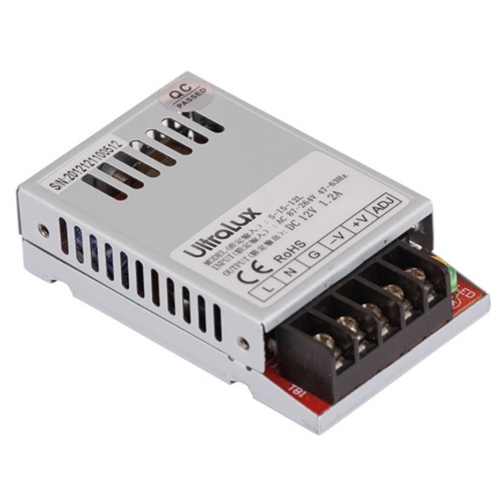 Захранване за светодиодна лента Ultralux, неводоустойчиво 12V DC 15W