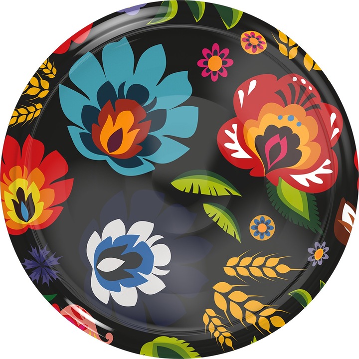 Capace borcan 66mm set 10 bucati, design Folk, negru cu imprimeu colorat