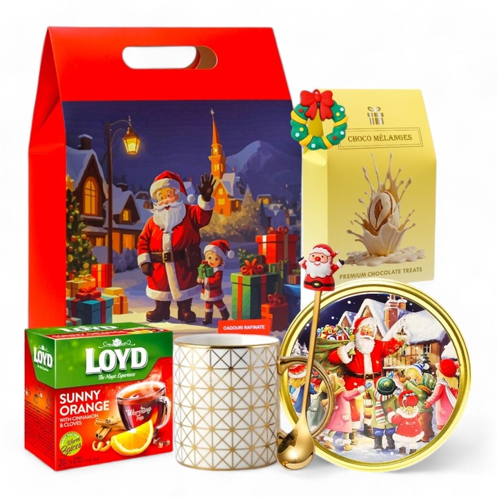 Cadou de Craciun, CADOURI RAFINATE, model Santa's Treats, cu Fursecuri Daneze cu Unt in Cutie de Colectie, Cana Festiva, Lingurita Aurie, Ceai Aromat, Choco Melange Migdale cu Ciocolata Alba, Decoratiune, Cutie pentru Cadouri de Craciun, 7 Articole