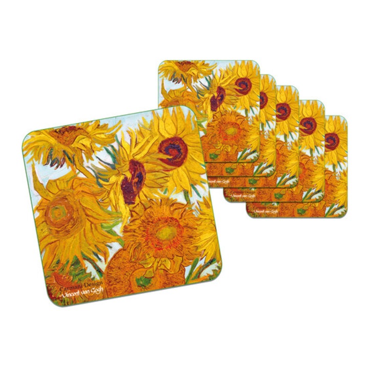 Комплект от 6 салфетки за напитки, HANIPOL, Van Gogh Слънчоглед, корк, многоцветни, 10.5x10.5cm