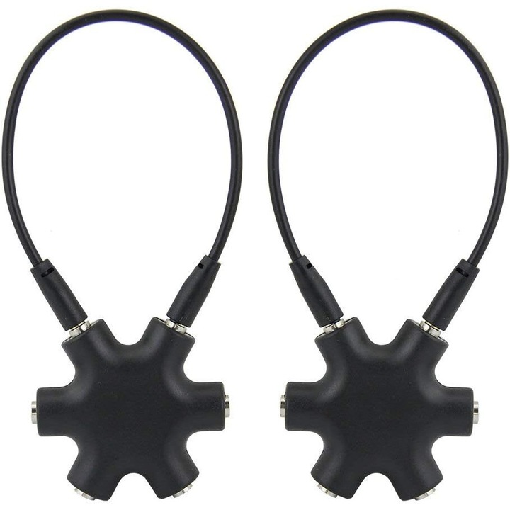 Set 2 Adaptor audio splitter, jack 3.5mm, 1 intrare si 5 iesiri, PsAyl®, Cu cablu adaptor de 20cm, Negru