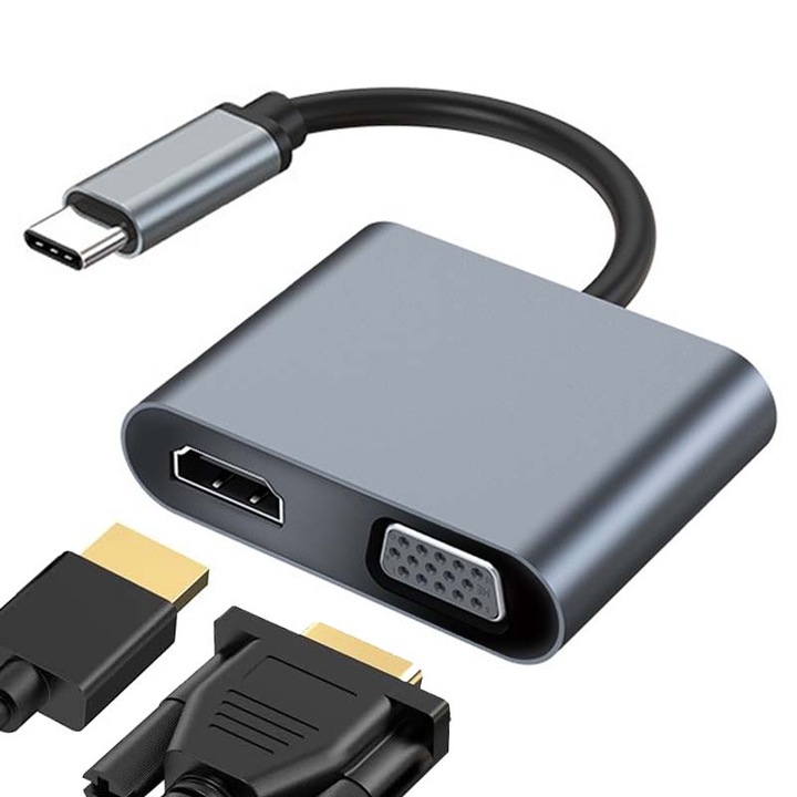 Мултифункционален адаптер 2 в 1 USB-C към HDMI, XGETOP®, HDMI 4K, VGA 1080P, 1 x USB 3.0, PD порт, сив