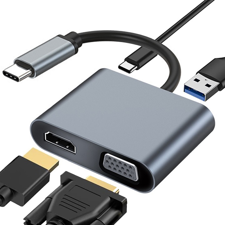 Адаптер 4 в 1, XGETOP, С HDMI 4K, VGA, USB 3.0, Type-C, Гладко и ясно изображение, Лесен за използване, Предава данни много бързо, Работи на Mac OS, Windows устройства, Сив