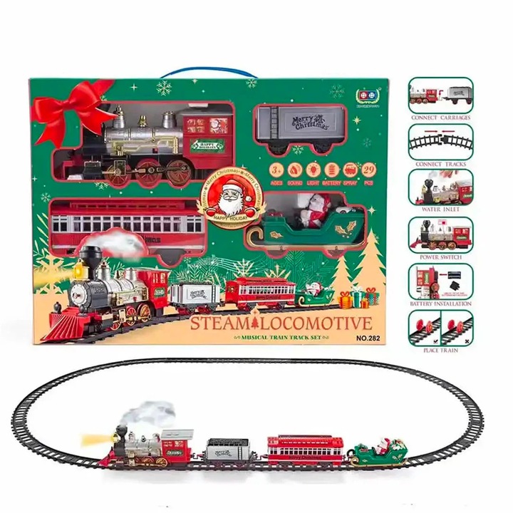 Set trenulet Mos Craciun, SergadiOnline, cu lumini si sunete, multicolor, 152cm