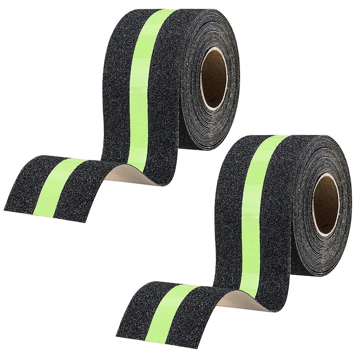 Banda Antiderapanta cu autoadeziv pentru scari, Axroad Mall, 2 volum, 5cm x 5m, Reflectorizanta, Rezistenta La Apa, Abraziv cu frecare cu tractiune mare, Rezistent la uzura si durabil, Potrivit pentru scari, trepte, interior si exterior, PEVA, Negru