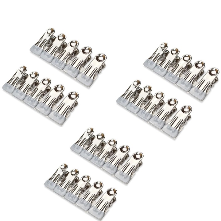 Set 30 carlige rufe, SINBINTA, Clema plata, Multifunctional, Elasticitate ridicata, Acasa, Frumos, Usor de transportat, Pentru fixarea documentelor, cartilor, sigilarea gustarilor, Antiderapante, Inox, Gri
