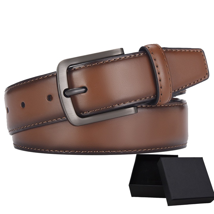 Мъжки колан от естествена кожа, Axroad Mall, Premium с класическа метална катарама, подаръчна кутия, Регулируема дължина, Устойчив на износване и надраскване, Телешка кожа, 125 см, Матово кафяв
