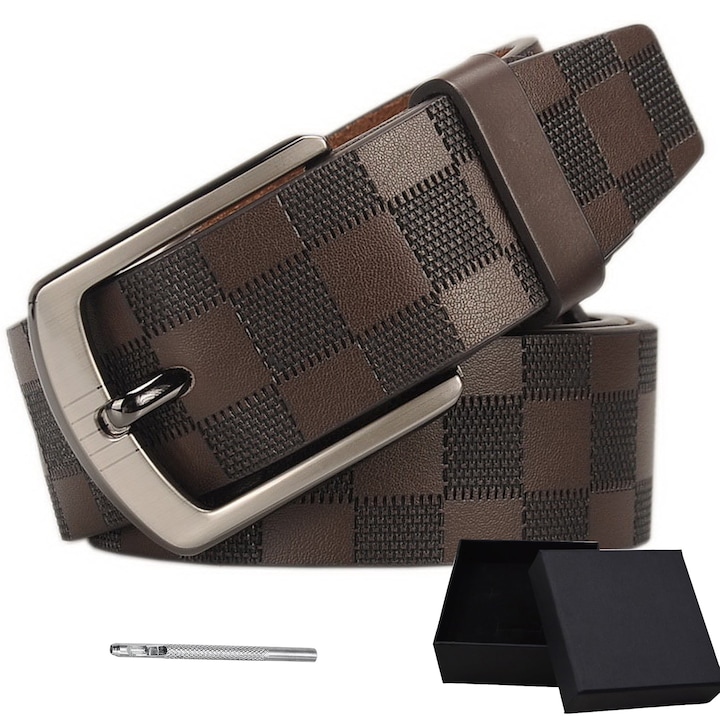 Колан за мъже от естествена кожа, Axroad Mall, Премиум с класическа метална катарама, подаръчна кутия, кариран модел, регулируема дължина, устойчив на износване и надраскване, телешка кожа, 120 см*3,8 см, кафяв
