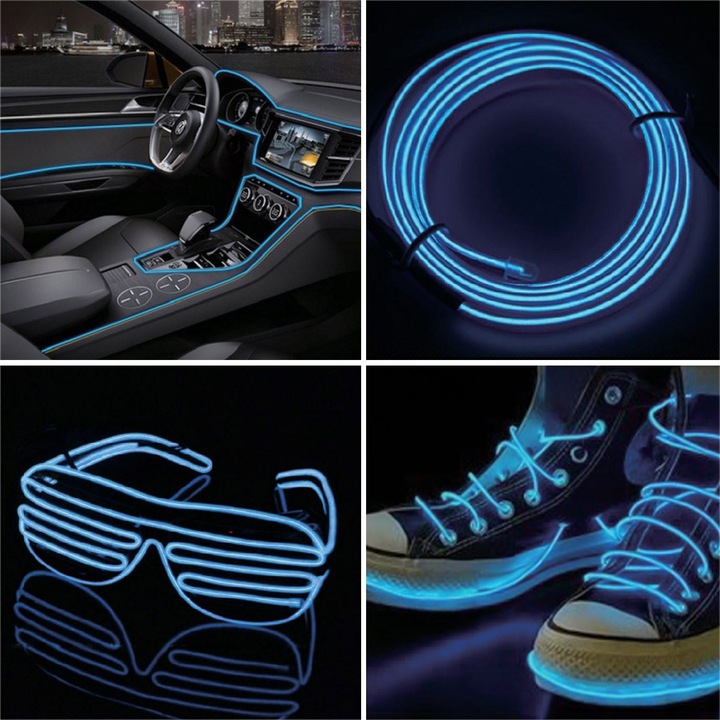 LED лента, светеща нишка, 2 м, фиксирано осветление, неоново син цвят, USB конектор