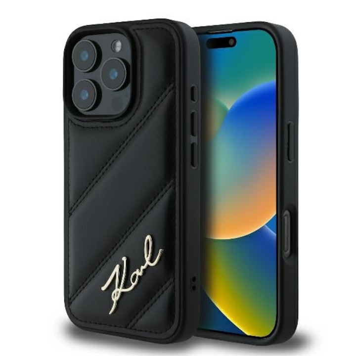 iPhone 16 Pro Max tok – Karl Lagerfeld Diagonal Quilted Script (KLHCP16XPQDSMGK) – fekete