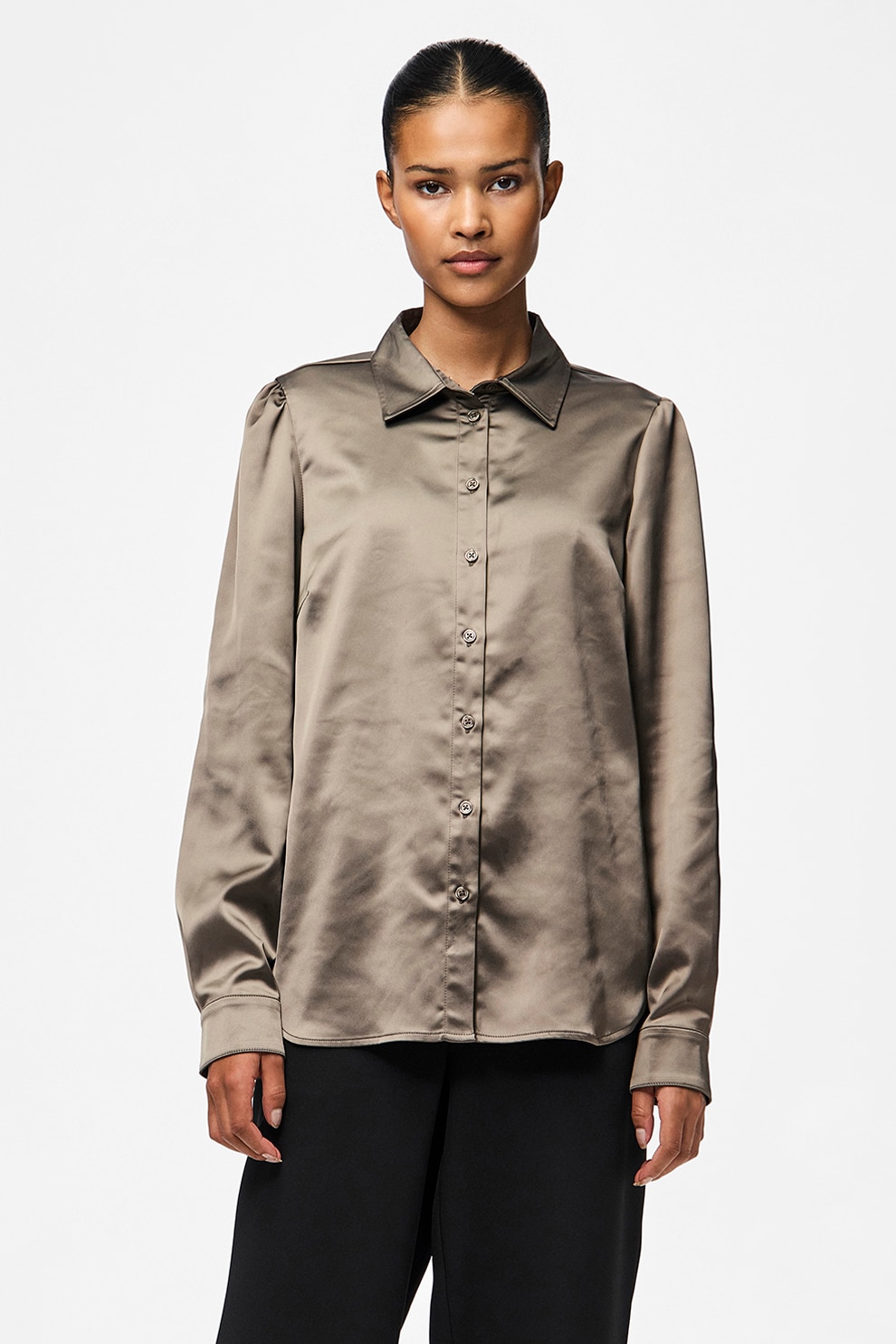 Pieces, Camasa cu aspect satinat, Maro taupe deschis, M