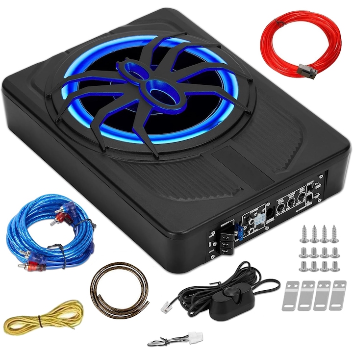 Aktív mélynyomó, Hggzeg, 150 W RMS, Max. 800 W, Vezetékes hangerős távirányítóval, tápvezeték, audiovezeték, földelő vezeték, kék LED lámpa, alumíniumötvözet, 34,5x26x6,8 cm, fekete