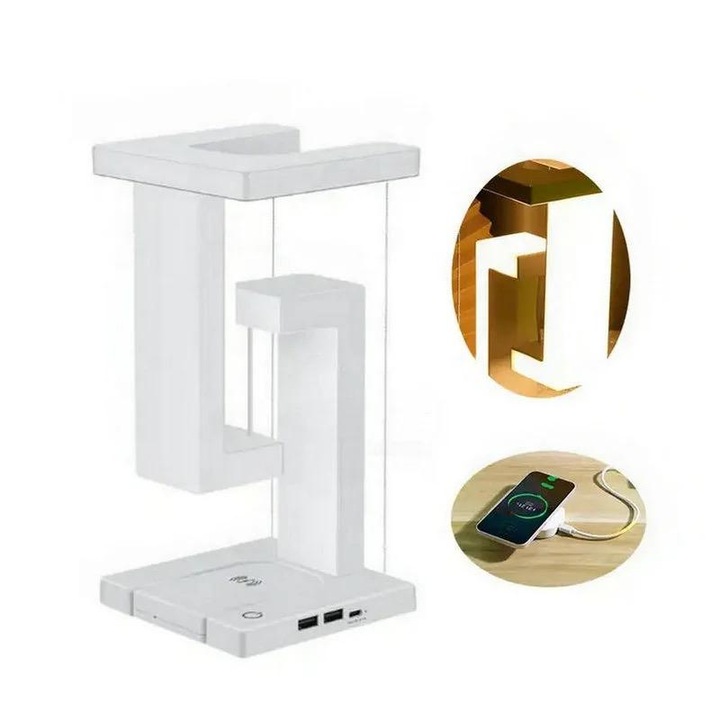 Lampa Led cu statie de incarcare wireless pentru telefon mobil, touch control, 2 porturi USB pentru incarcare, 3 moduri de iluminare, alb