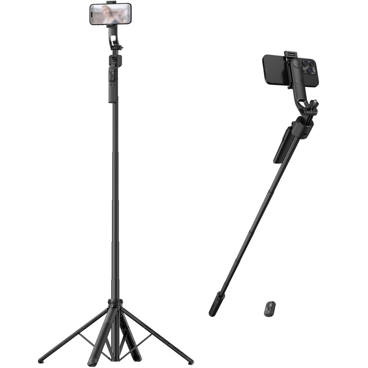 Fejlett professzionális teleszkópos fotóállvány, AI Cloud Eye, 1,63 m, 360°-os elforgatás, 9 fokozatú töltőfénnyel és távirányítóval, Erősebb alumíniumötvözet teleszkópos rúd, vízszintes, függőleges és légi fotók