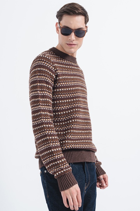 Only & Sons, Пуловер с памук с овално деколте, Кафяв/Мръснобял/Тъмновиолетов