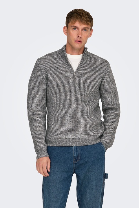 Only & Sons, Пуловер с къс цип, Сив меланж