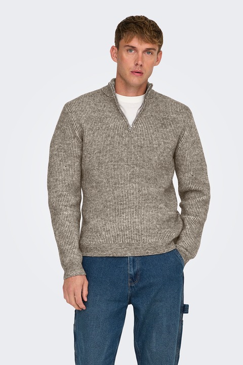 Only & Sons, Пуловер с къс цип, Бежов меланж