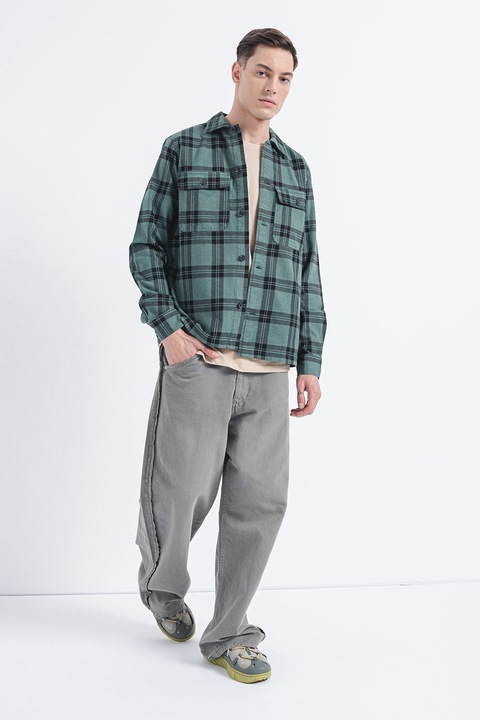 Only & Sons, Карирана памучна риза с предни джобове, Зелен/Избеляло черно
