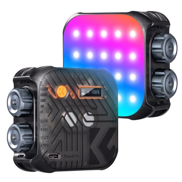 Iluminare mini RGB, K&F CONCEPT, KF Concept, Negru, 6W, 2500K, 9900K, CRI 96+, Baterie 2000mAh