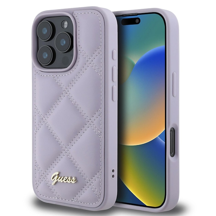 Калъф за iPhone 16 Pro Max - Guess Quilted Metal Logo (GUHCP16XPSQSQSU) - светло лилав