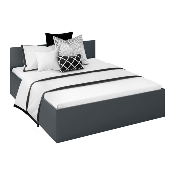 Pat cu gratar metalic si spatiu de depozitare, din PAL laminat, fara saltea, grafit, dormitor, design modern, 163,6x203,2x78,7 cm