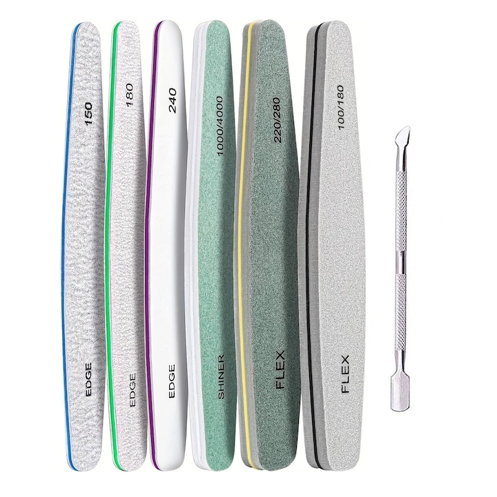 Set 6 pile unghii professional, SINBINTA, Cu un impingator de piele moarta, Design laturi duble, Rezistenta la uzura, Refolosibila, Pentru manichiura si pedichiura, 150/180/240, 100/180, 220/280, 1000/4000