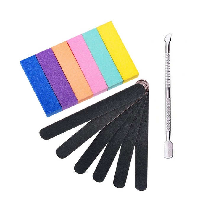 Set 12 pile unghii professional, SINBINTA, Cu un impingator de piele moarta, Design laturi duble, Rezistenta la uzura, Refolosibila, Pentru manichiura, ideale pentru femei si fete, Granulatie 100/180, Negru