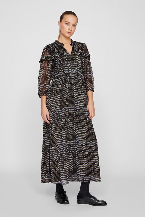 Vila, Rochie maxi cu maneci trei sferturi, Maro inchis/Gri deschis/Negru stins