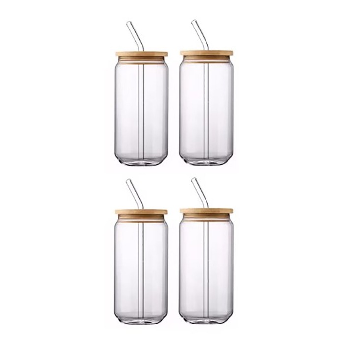 4 db-os SIKS üvegpohár készlet, bambusz fedővel és újrafelhasználható üvegszívószálakkal, hőálló, 500 ml, hideg és meleg italokhoz, szorosan záródó, átlátszó