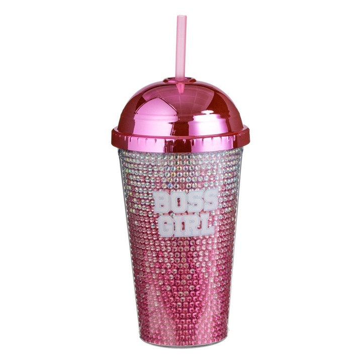 Pahar Plastic, Boss Girl, Fucsia, Perete Dublu, Capac si Pai, Capacitate 475ml