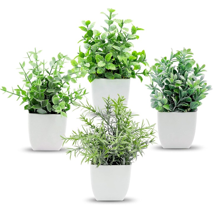 OneAndes 4 pachete de plante false mici in ghivece Plante artificiale de eucalipt in ghivece pentru decorarea interioara a plantelor artificiale Jardinier din plastic matat de interior pentru birou, baie, birou, camera, verdeata, decorare