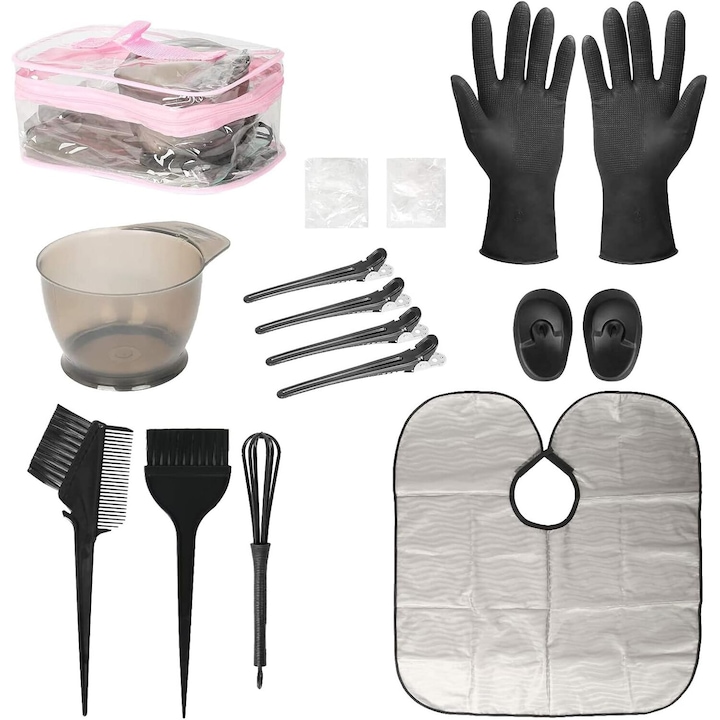 Kit de colorat pentru vopsea de par 16 buca- bol de nuantare a parului, agitator de par, perie de vopsea, capac pentru urechi, ac de par, manusi de pelerina pentru vopsirea parului de salon de bricolaj Instrumente pentru vopsirea parului