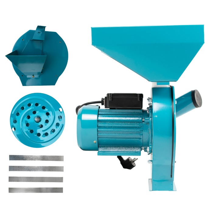 Set moara electrica 3 in 1, Fructe si Cereale, putere 4.2KW x 3200 RMP, capacitate de productie 300 kg/h, 20 de ciocanele, ideala pentru a macina fructe, legume, cereale, grau, porumb, secara, soia ca