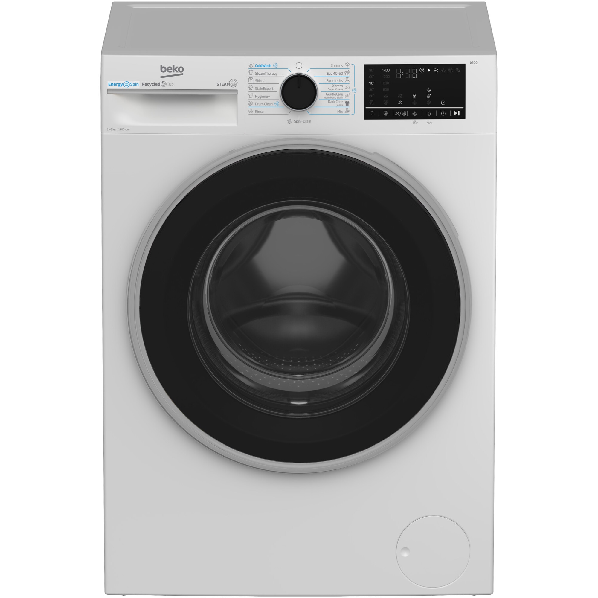 Masina de spalat rufe Beko B3WFU48415WB2ES, 8 kg, 1400 RPM, Clasa A, SteamCure, AddXtra, Motor ProSmart Inverter, AutoClean Detergent Drawer, Alb