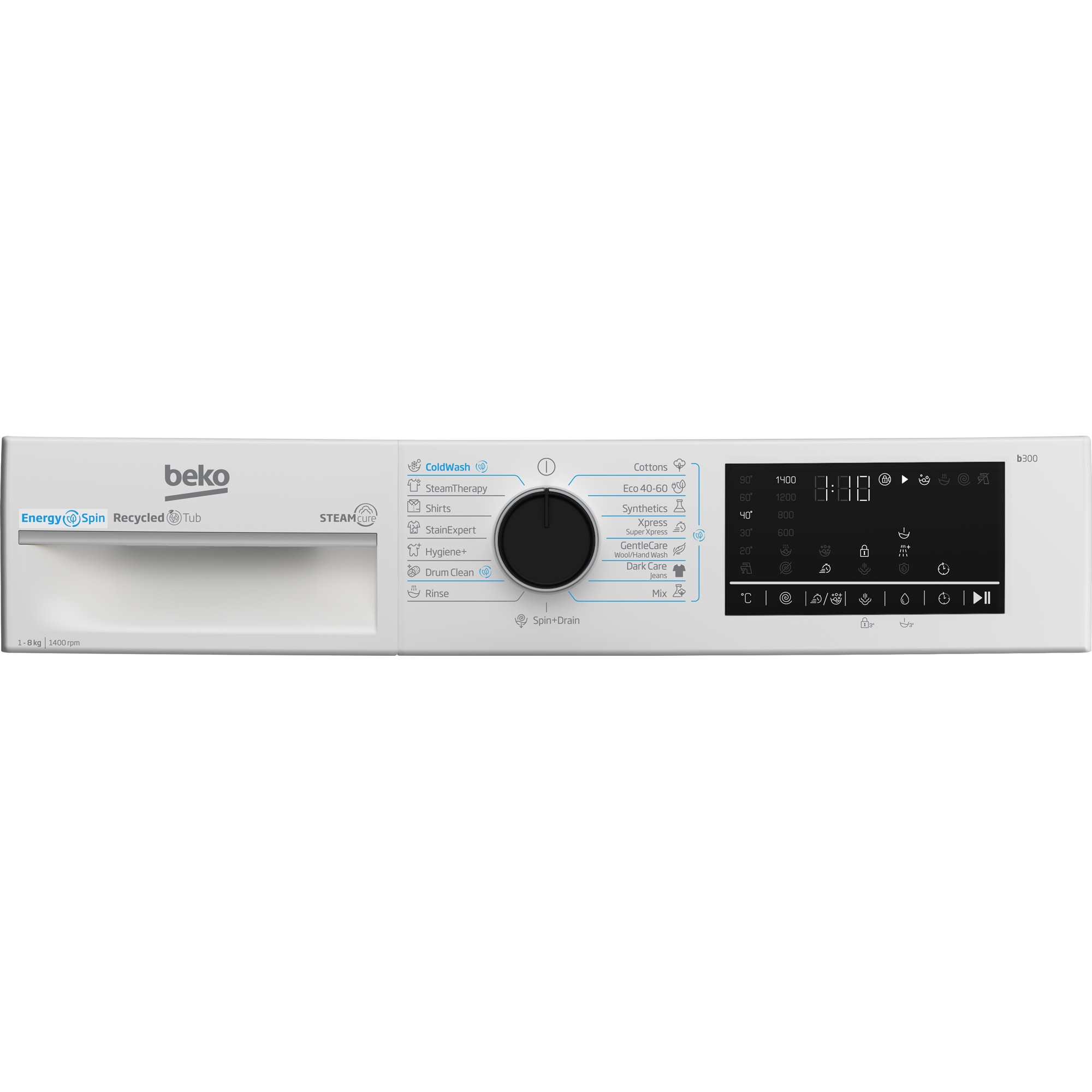 Masina de spalat rufe Beko B3WFU48415WB2ES, 8 kg, 1400 RPM, Clasa A, SteamCure, AddXtra, Motor ProSmart Inverter, AutoClean Detergent Drawer, Alb
