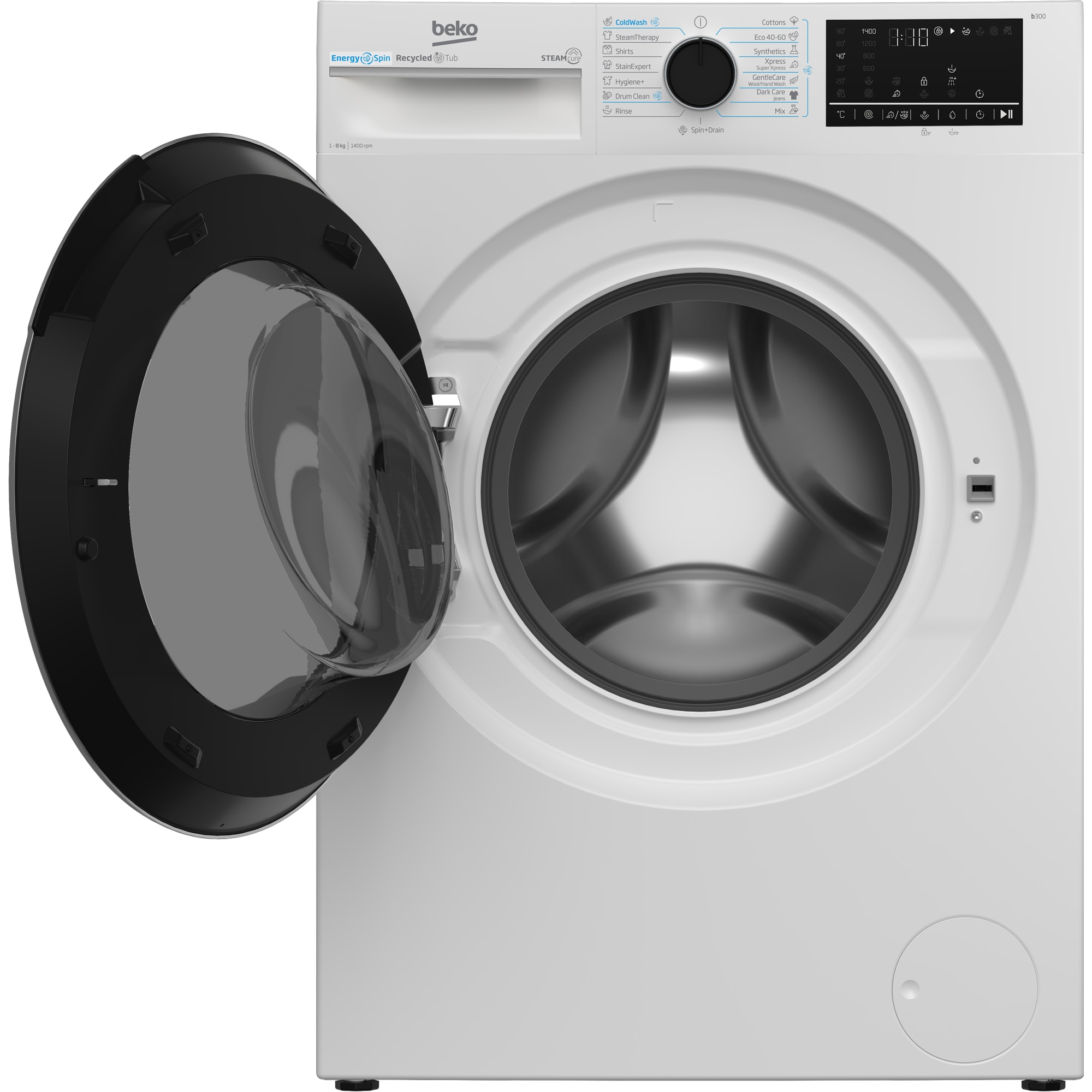 Masina de spalat rufe Beko B3WFU48415WB2ES, 8 kg, 1400 RPM, Clasa A, SteamCure, AddXtra, Motor ProSmart Inverter, AutoClean Detergent Drawer, Alb