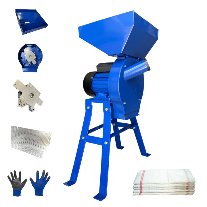 Moara Profesionala echipata cu suport metalic, Cuva Mare Pentru Uruiala si Cereale SculeAgro, 3, 8Kw X 3000RPM, 300Kg/h, 20 de ciocanele, 3 Site, manusi de protectie si 3 saci incluse in pachet